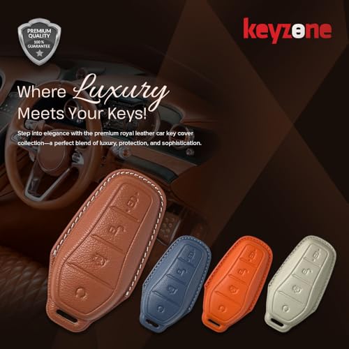 Image of Keyzone Royal Leather Car Key Cover with Keychain for BYD Seal and Atto 3 smart Key (Celestial Blue)