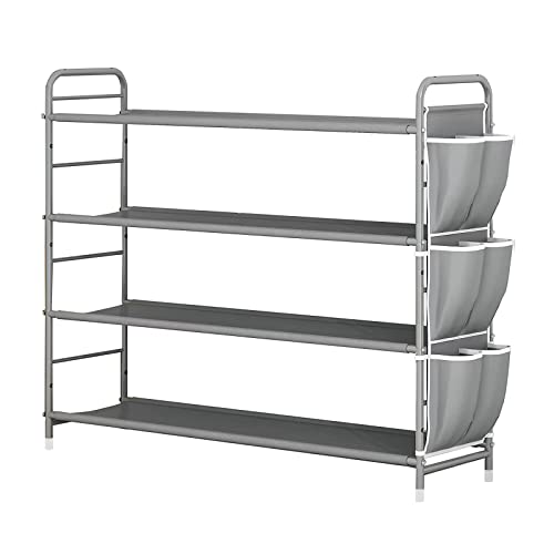 Suoernuo Shoe Rack Storage Organizer 4 Tier Free Standing Metal Shoe Shelf Compact Shoe Organizer With Side Bag For Entryway Closet Bedroom, Grey #TOP2