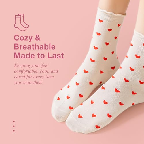 Image of Women's Cute Heart Pattern Crew Socks - 3 Pairs Colorful Novelty Gift Set - Soft Cotton Cozy Socks for Casual Wear