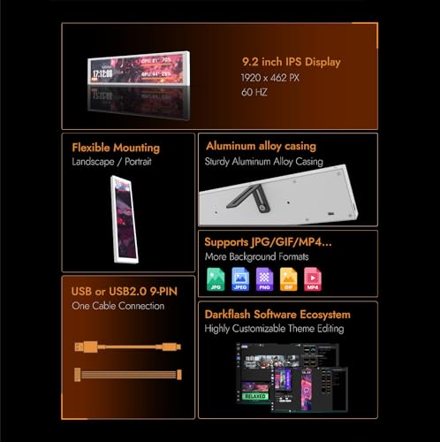 Image of darkFlash V92 9.2 inch PC Case Screen, 1920x462 IPS Sensor Panel Monitor,White | 1920x462 AIDA64 CPU /GPU temp display, no HDMI needed, USB-C /internal 9-pin, aluminum body for gaming PC builds
