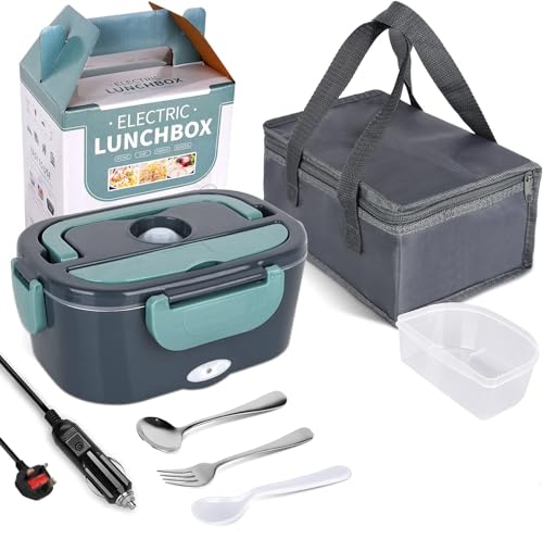 JIAKANUO Electric Lunch Box Food Warmer Portable Lunch Microwave Bento Box with SS Container 1.5 L Leak proof, 230V/12V/24V for Car/Office/Trunk 3 in 1 with Fork&Spoon＆Insulated Lunch Bag (Green)