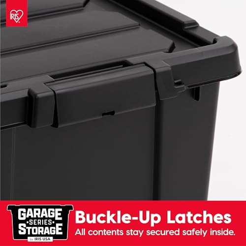 Image of IRIS USA 5 Gallon Lockable Storage Bins with Lids, 6 Pack - Made in USA, Heavy Duty, Stackable Containers, Garage Organizing Bins Moving Tubs, Rugged Sturdy Equipment Utility Box - Black