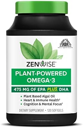 Zenwise Vegan Omega-3 Plant Based Fish Oil Alternative Marine Algal Source for EPA and DHA Fatty Acids - Burpless Supplement for Brain Health, Joint Support, Immune System, Heart & Skin - 120 ct