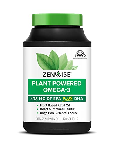 Zenwise Vegan Omega-3 Plant Based Fish Oil Alternative Marine Algal Source for EPA and DHA Fatty Acids - Burpless Supplement for Brain Health, Joint Support, Immune System, Heart & Skin - 120 ct