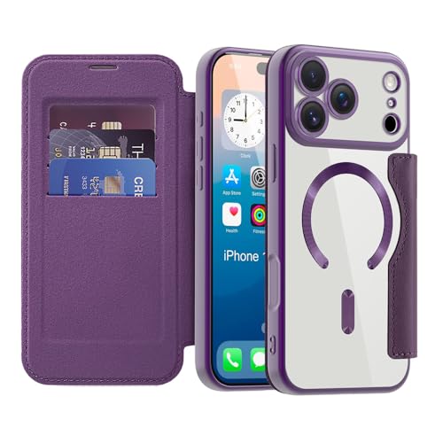 Étui portefeuille iPhone 17 Pro Max transparent violet avec porte-carte magnétique MagSafe
