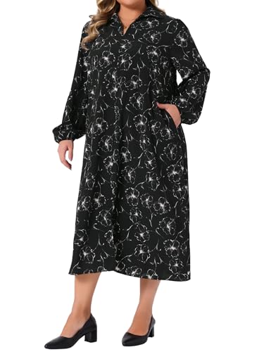 Agnes Orinda Plus Size Womens Polo Long Sleeve Belted Midi Dress Flowy Floral Pattern Dress with Pockets Casual Fall3