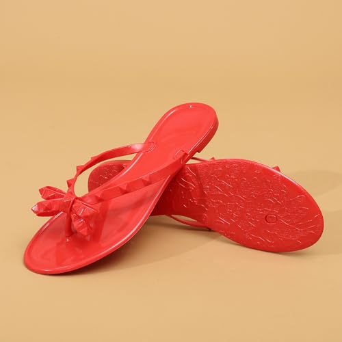 Image of Studded Jelly Shoes for Womens Bow Flip Flops Jellies Sandals Flat Black Summer Beach Thong with Rivets Strappy Slides Slip On