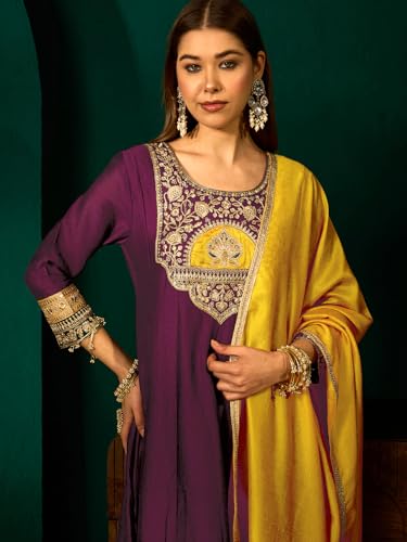 Image of Naixa Women's Vichitra Silk Embroidered A-Line Kurta with Pant | Yellow Vichitra Silk Laced Dupatta Set | 3 /4 Sleeve | Round Neck | Festive | Haldi Wear (Available in Plus Size)
