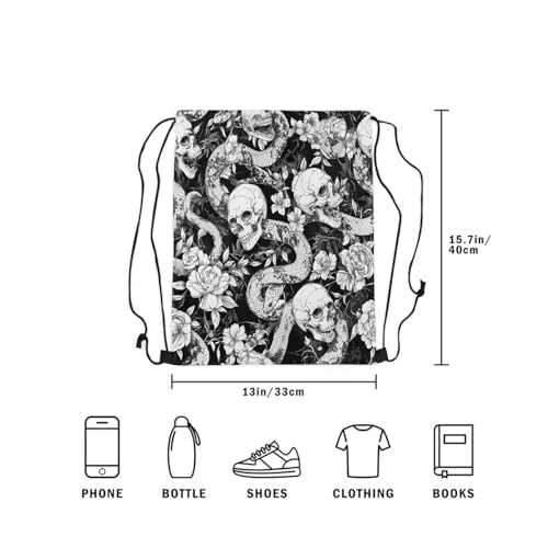 Image of jejeloiu Sugar Skull Drawstring Backpack 13x15.7inch Snake Boho Rose Waterproof Gym Drawstring Bags Goth Art Sports String Backpack Beach Swim Travel Bag Sackpack