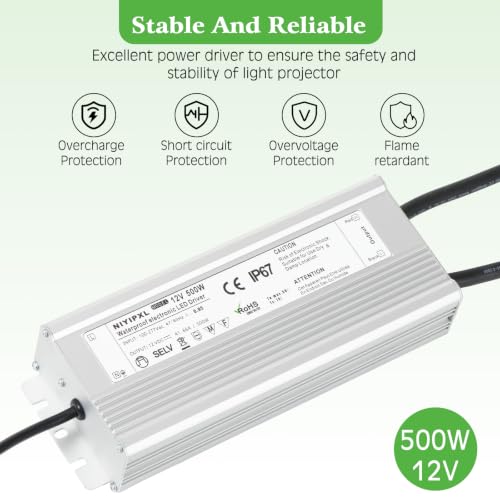 Image of LED Driver 500 Watts(250W X2) 12V DC Transformer,Waterproof IP67 Power Supply, Adapter with 3-Prong Plug 4.9 Feet Cable for Any DC led Lights, Computer Project, Outdoor Light