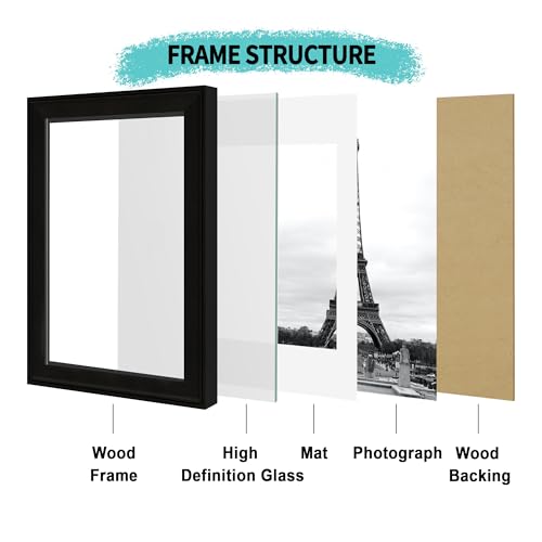 Image of iRahmen 8x12 Vintage Picture Frame with Mat 6x8 - High Definition Real Glass Wooden Photo Frames for Tabletop Display and Wall Mounting (Black, Set of 4)