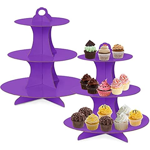 Cupcake Stand, 2 Pack 3-Tier Round Cardboard Dessert Plates Cake Fruit Cupcake Holder Candy Display Tower Tray Pastry Serving Platter for Birthday, Wedding, Baby Shower, Christmas (Purple) Cover