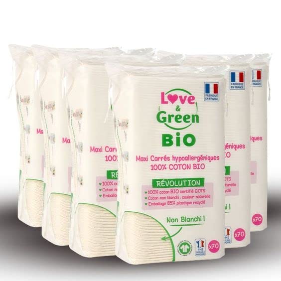 Love & Green - Maxi-Carrés 100% Coton BIO - Non blanchis - Lot de 6 Paquets