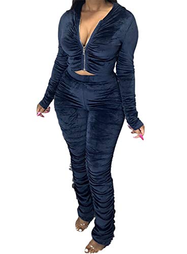 Annystore Velvet Sweatsuit For Women 2 Piece Outfit Fall Zip Up Hoodie Sweatshirt Stacked Pants Legging Set Clubwear Dark Blue 3Xl #TOP9