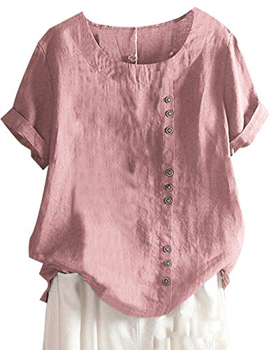 Yeokou Women Cotton Linen Crew Neck Short Sleeve Basic Tunic Tee Shirts Tops Blouse（Pink-XL）