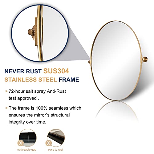 Moon Mirror Gold Oval Pivot Mirror, Oval Gold Vanity Mirror For Wall, Oval Mirror For Bathroom, Gold Metal Framed Tilting Bathroom Pivoting Mirror For Wall Mounted( Overall 23.75" X 28") #TOP2