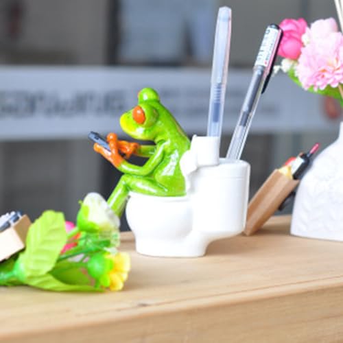 Garneck 1PC Frog Ornament Statues Decor Funny Desgin Adorable Sitting On The Toilet And Send Sms Fairy Garden for Indoor Outdoor Desk Home Bathroom Decoration (Green) - Image 2
