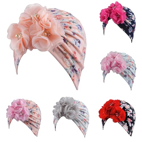6 Pack Kid Girls Chiffon Flower Turban Hat Caps Comfy Breathable Knit Toddler Floral Beanies Hat Cute Headwraps
