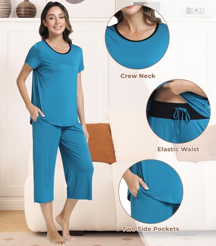 Image of NACHILA Bamboo Viscose Women's Pajamas Sets Short Sleeve Sleepwear and Capri Pants