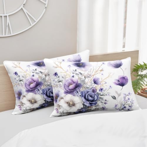 Image of AILONEN Lavender Bouquet Comforter Set Twin Size, Watercolor Bedding Ensemble, Purple Flower Bedspread Quilt with 2 Pillowcases for Dorm Bedroom