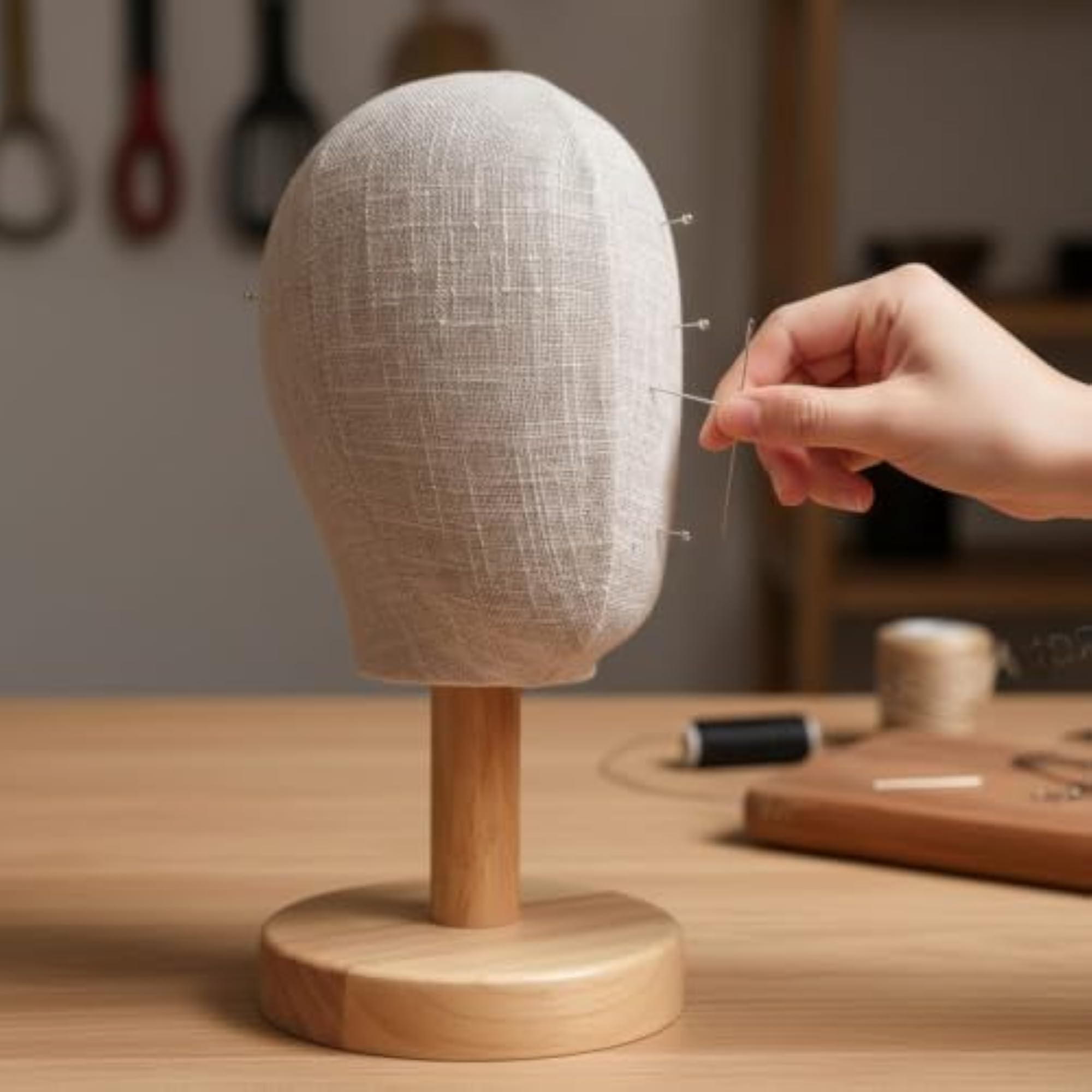 Pinnable Head Stand with Wooden Base, Sturdy Design