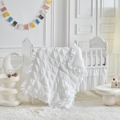 Image of Ruffled Mini Crib Bedding Set Baby Boho Quilted Comforter with Fitted Sheet and Bed Skirt - Cute Soft Breathable Seersucker Shabby Bedding Soft Blanket Only for Mini Crib White