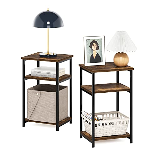 Image of Furinno Just 3-Tier Metal Frame End Table with Storage Shelves, 2-Pack, Amber Pine