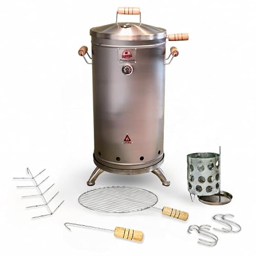 (30 Pound) 2-in-1 Smoker Barrel Vertical Grill - Premium 304 Stainless Steel - Barril Charcoal BBQ Thermometer & Ventilation - Cooking Accessories Meat Kit - Portable Outdoor, Camping - QUE ASADOR