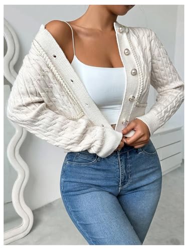 Image of MakeMeChic Women's Button Down Cropped Cardigan Beaded Slim Fit Cable Knit Sweaters Outwear White Medium