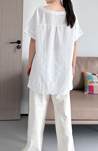 Minibee Women's Summer Linen Tunic Shirt High Low Hem Embroidery Blouse Top3