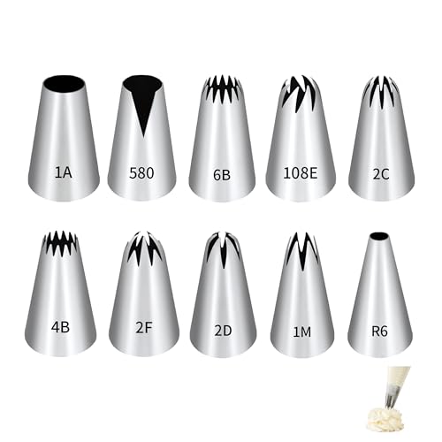 10 Pcs Grosse Douille Patisserie Professionnelle en Acier Inoxydable, Kit Patisserie avec Douilles à Pâtisserie 1A 1M 2C 2D 2F 4B 108E 580 R6 6B pour...
