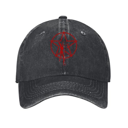 Image of Kciutud Rush Starman Pentagram Logo Black Washed Denim Baseball Cap Adjustable Vintage Distressed Dad Hat Men Women Retro Soft Cotton Size is: One Size