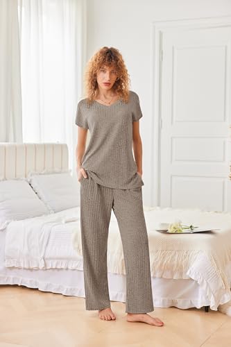 Ekouaer Womens Ribbed Knit Lounge Set Short Sleeve Top and Long Pants Pajamas V Neck 2 Piece Sleepwear2