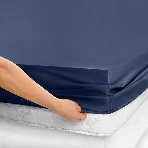 California Design Den Queen Fitted Sheet Only Deep Pocket - Natural 100% Cotton, 400 Thread Count Sateen, Fitted Sheet Queen with No-Pop Off Elastic, Soft and Durable - Indigo Navy Blue