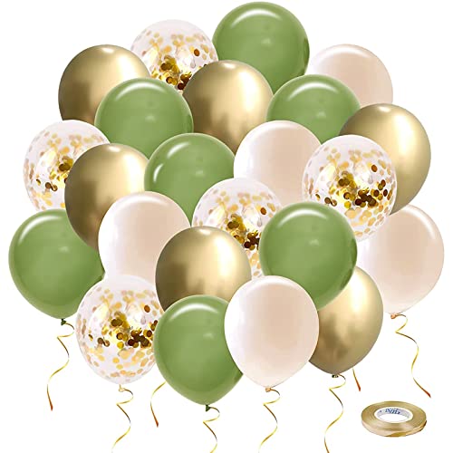 60Stück Luftballons Grün Gold Set, Grün Weiß Beige Gold Metallic Konfetti Latex Ballons Dekoration für Babyparty Junge Neutral Geburtstag Hochzeit Safari Party Baby Shower Taufe Party Deko Cover