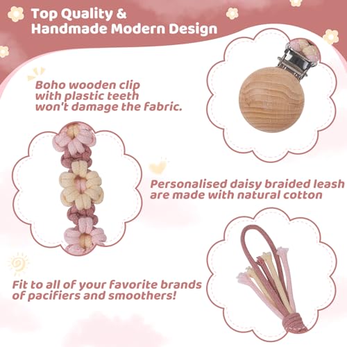 Image of Pacifier Clip for Boys Girls Floral Daisy Macrame Baby Paci Clip Pacifier Holder Leash Boho Wooden Clips Handmade Braided Cotton Binky Clips (1pack:Caramel Style B)