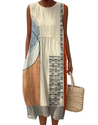 SAOPET Women's Colorful Geometric Print Midi Dress, Sleeveless Loose Fit with Pockets, Casual Summer Beach Dress for Vacation Travel