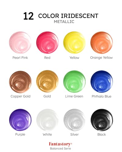 Image of Fantastory 60ml 12 Colors Metallic Acrylic Paint Set with 12 Brushes | Balanced Series, Color-Shifting, Perfect for Metal, Canvas, Rock, Stone, Ceramic, Model, Wood Painting