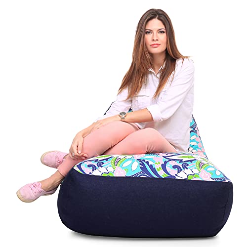 Image of Style Homez Urban Design Denim Canvas Floral Printed Chair Bean Bag XXL Size Filled with Beans Fillers
