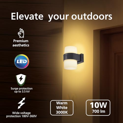 Image of PHILIPS 10W ARIS RD Double LED Wall Light | Up & Down Lighting Fixture | IP65 Waterproof Outdoor Light | Modern Decorative Wall Lamp| Warm White, Pack of 2
