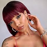 MISS REBECCA Ombre Burgundy Red Short Bob Human Hair Wigs with Bangs Cute Bob Wigs Glueless Brazilian Virgin Human Hair Bob Wigs for Black Women
