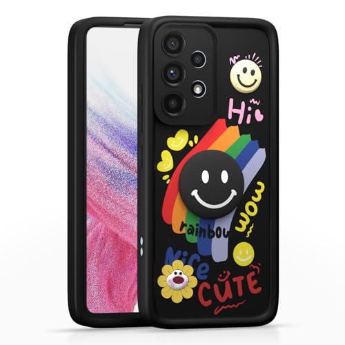 Image of Pikkme Back Cover for Samsung Galaxy A53 5G | Soft Silicone| Cute Rainbow Smile & 3D Cartoon Flower Design | Shockproof Raised Camera Protection Bumper Case (Black)