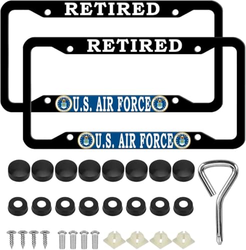 Image of 2PCS License Plate Frames for Retired U.S.Air Force,Car License Plate Bracket Holder, Premium Aluminum Alloy Weather Proof License Plate Covers with Screw Caps Cover Set Car Accessories