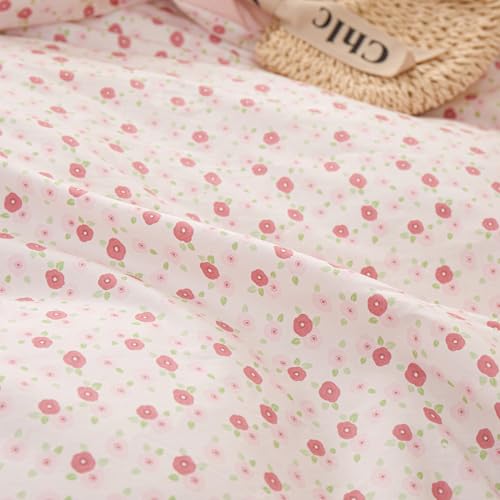 Image of VM VOUGEMARKET Blooming Duvet Cover Set Twin Pink Striped Ruffle Duvet Cover with Zipper Ties 100% Cotton Cute Romantic Girls Comforter Cover with 2 Pillowcases