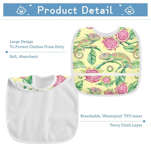 MCHIVER Chameleon Dragonfruits Baby Bibs for tag1 Waterproof Feeding Bib Apron with Food Cather Adjustable Cotton Food Eating Bib 2 Pack3