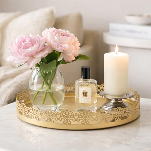 Image of Gold Finish Decorative Metal Tray | Multipurpose Serving & Vanity Tray | Premium Cutwork Design | Home Decor Organizer | 28 x 4 cm (Gold)