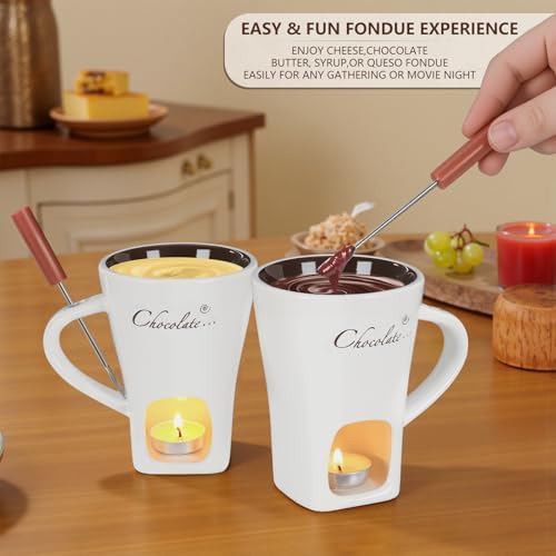 Fondue Pot Cup Set, Chocolate Melting Fondue Mugs with 2 Forks & 4 Tealights, Mini White Ceramic Fondue Set for Cheese, Marshmallows, Sweet Fondue Cup for Date Night, Party, Wedding, or Holiday Gift - 4