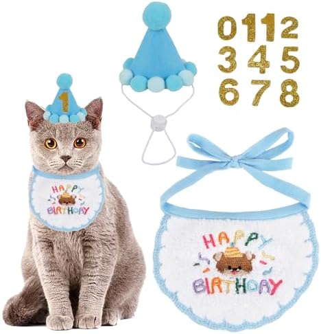 PTDECOR Cat Birthday Party Supplies, Blue Hat with Numbers Cat Ba...