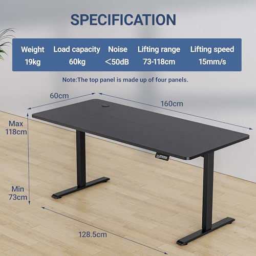 مكتب قائم بارتفاع قابل للتعديل من WWI، طاولة رفع كهربائية، مكتب حركة قابل للتعديل، طاولة مكتب قابلة للتعديل (أسود، 160 × 60 سم)