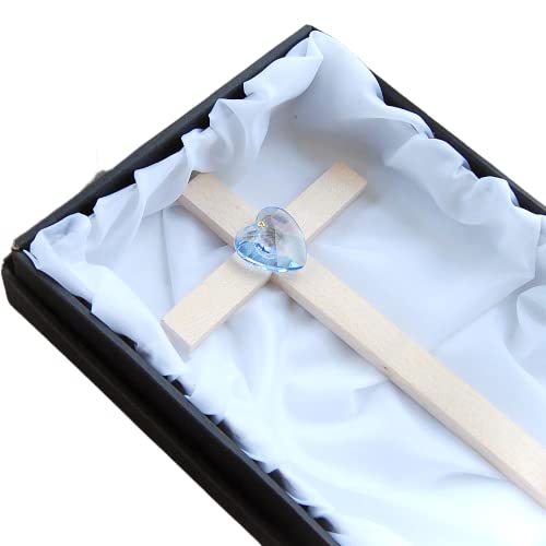 Cruz de madera Choalis artesanal con corazón de cristal pulido de alta calidad